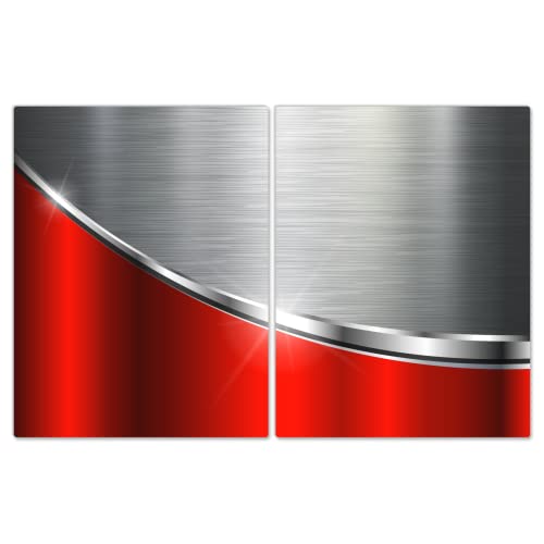 DecoCat Herdabdeckplatten Ceranfeld 2 x 40x52 cm Zweiteilig Metall-Optik Stahlwelle Rot Schneideplatte Glas Kochfeldabdeckung Herdabdeckung Induktionsschutz von DecoCat