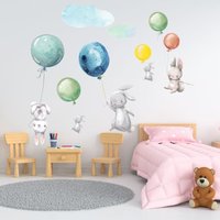 Wandtattoo Aufkleber Hasen Mit Luftballons Bunt Foliensticker Kinderzimmer von DecoDetales
