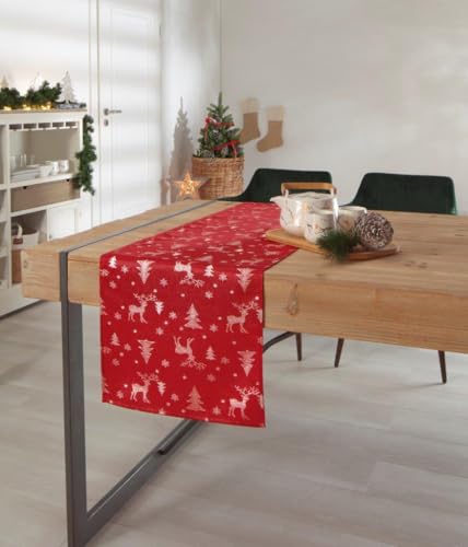 DecoHomeTextil Heimtextilmanufaktur Lurex Rentier Tanne Tischläufer Eckig 40 x 150 cm Rot Silber dezent glitzernd Weihnachten Christmas von DecoHomeTextil Heimtextilmanufaktur