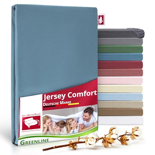 Greenline Spannbettlaken Premium Jersey aus 100% Baumwolle Greenline Blau Doppelpack (2X) 140-160x200 cm bis zu 30 cm auch für Boxspringbetten, Spannbetttuch von DecoHomeTextil Heimtextilmanufaktur