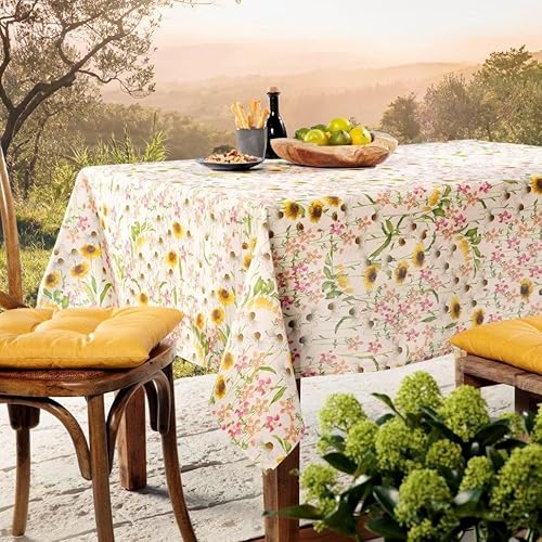 Tischdecke Stofftischdecke aus Mischgewebe mit Saumrand Eckig 130 x 220 cm Blumen Bunt Gartentischdecke Wasserabweisend von DecoHomeTextil Heimtextilmanufaktur