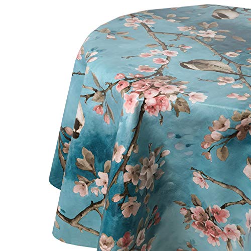 Wachstuch Wachstischdecke Tischdecke Größe und Muster wählbar Vogel Spatz Türkis Oval 130 x 220 cm abwaschbar Gartentischdecke von DecoHomeTextil Heimtextilmanufaktur