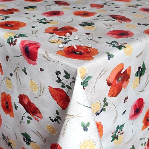 Wachstuch Wachstischdecke Tischdecke Klatschmohn Zitrone Weiß Rechteckig 130 x 180 cm abwischbar von DecoHomeTextil Heimtextilmanufaktur