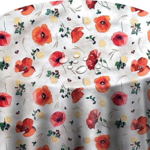 Wachstuch Wachstischdecke Tischdecke Klatschmohn Zitrone Weiß Rund 140 cm abwischbar von DecoHomeTextil Heimtextilmanufaktur