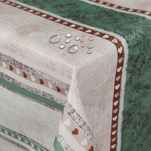 Wachstuch Wachstischdecke Tischdecke Linien Herzen Beige Grün Rechteckig 100 x 180 cm abwischbar von DecoHomeTextil Heimtextilmanufaktur