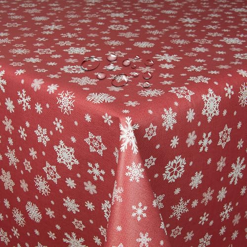 Wachstuch Wachstischdecke Tischdecke Weihnachtstischdecke Größe wählbar Weihnachten Schneeflocken Rot Eckig 120 x 220 cm abwaschbar von DecoHomeTextil Heimtextilmanufaktur