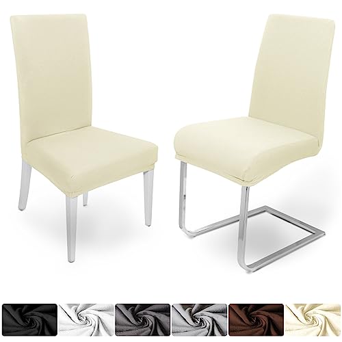 DecoHomeTextil Heimtextilmanufaktur Universal Stretch Uni Stuhlhusse Stuhlhussen Husse Hussen mit 200g/m² 2er Set Creme Champagner Farbe und Set Größe wählbar Stuhlbezug Stuhlüberzug Elastisch von DecoHomeTextil Heimtextilmanufaktur