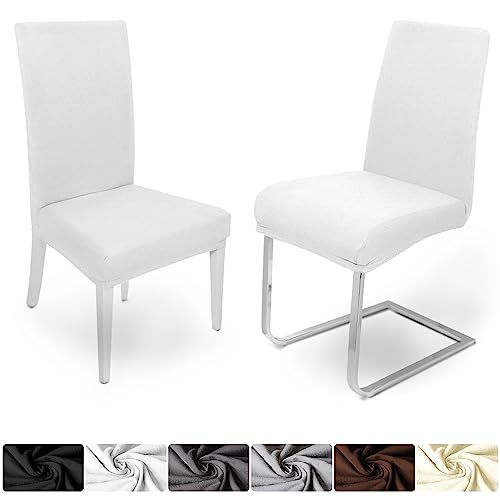 DecoHomeTextil Heimtextilmanufaktur Universal Stretch Uni Stuhlhusse Stuhlhussen Husse Hussen mit 200g/m² 2er Set Weiß Farbe und Set Größe wählbar Stuhlbezug Stuhlüberzug Elastisch von DecoHomeTextil Heimtextilmanufaktur