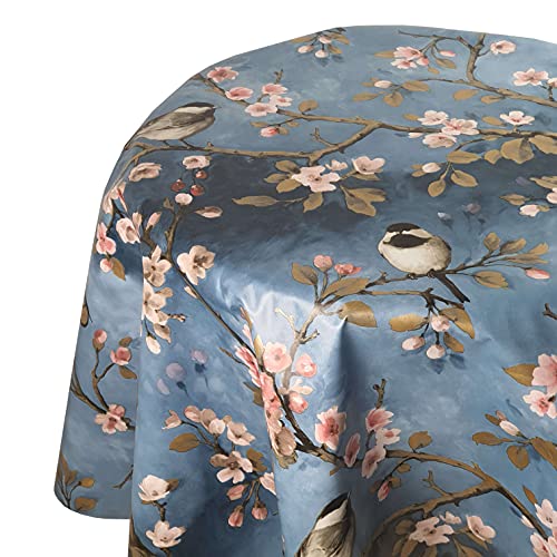 Wachstuch Wachstischdecke Tischdecke Größe und Muster wählbar Vogel Spatz Blau Oval 130 x 160 cm abwaschbar Gartentischdecke von DecoHomeTextil