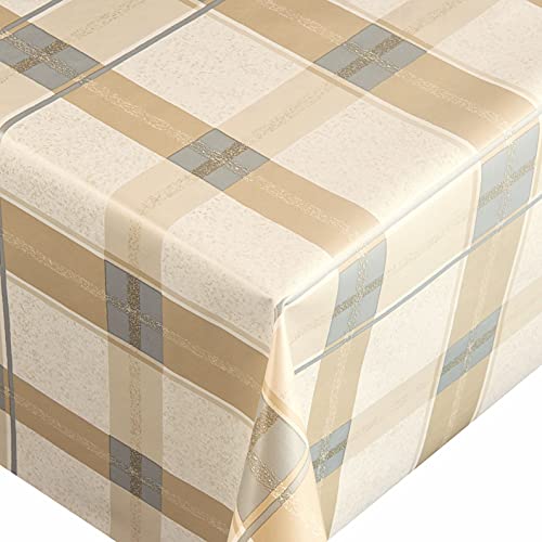 Wachstuch Wachstischdecke Tischdecke Größe wählbar Unverwüstlich Brilliant Quadro Beige Blau Eckig 120 x 220 cm abwaschbar Gartentsichdecke von DecoHomeTextil