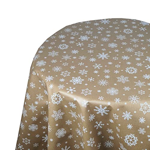 Wachstuch Wachstischdecke Tischdecke Weihnachtstischdecke Größe wählbar Weihnachten Schneeflocken Gold Oval 130 x 160 cm abwaschbar von DecoHomeTextil