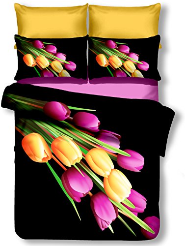 DecoKing 00823 Bettwäsche 200x220 cm mit 2 Kissenbezügen 80x80 schwarz 3D Microfaser Bettbezug Blumenmuster weiß gelb violett grün Quentin von DecoKing