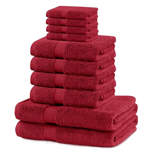 DecoKing 10er Set Baumwolle Qualität 525g/m² 4 Gästehandtücher 30x50 cm 4 Handtücher 50x100 cm und 2 Badetücher 70x140 cm dunkelrot weinrot rot saugfähig Marina von DecoKing