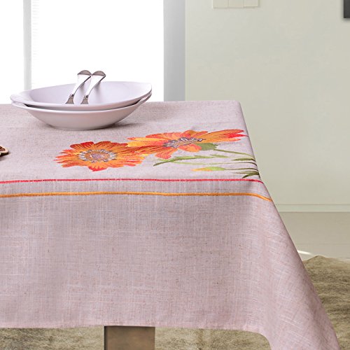 DecoKing 130x170 cm beige orange gelb grün braun Hellbraun Tischdecke Tischtuch Blumenmuster Blumenmotiv Blumen gestickt elegant praktisch Pflegeleicht Leinoptik Lein Optik mit Borte Modern Blume von DecoKing