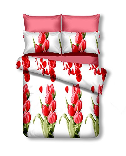DecoKing 155x220 cm Bettwäsche mit 1 Kissenbezug 80x80 Bettbezüge Microfaser Reißverschluss Blumen Marlene Emerald weiß rot von DecoKing