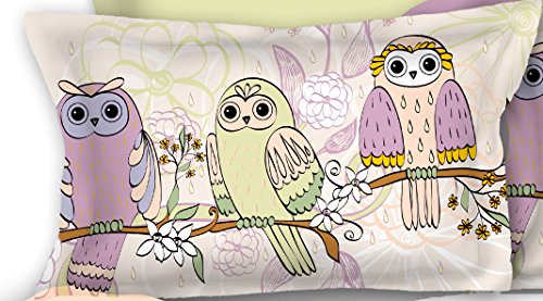 DecoKing 2 Kissenbezüge 80x80 cm Kinder Eule Microfaser Reißverschluss Owls Spring Story Creme lila Creme von DecoKing