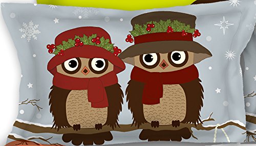 DecoKing 2 Kissenbezüge 80x80 cm Kinder Eule Microfaser Reißverschluss Owls Winter Story grau braun rot grün von DecoKing