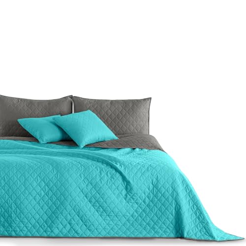 DecoKing 32244 Tagesdecke 240 x 260 türkis Stahl Silber anthrazit grau Bettüberwurf zweiseitig Steppung pflegeleicht Turquoise Steel Axel von DecoKing