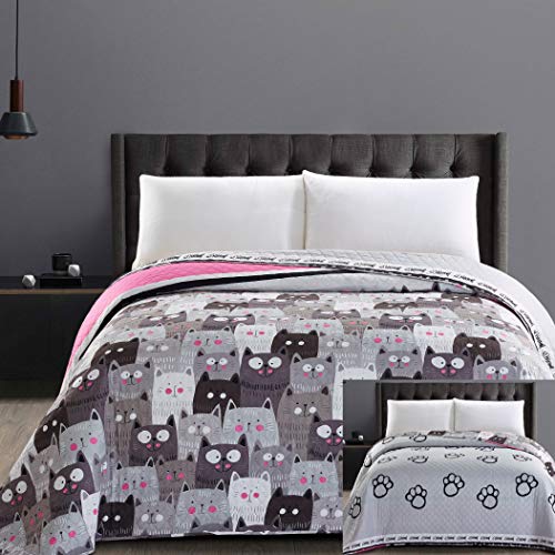 DecoKing 32329 Tagesdecke 170x210 cm Mikrofaser Bettüberwurf Steppung zweiseitig pflegeleicht beige Hellbraun kakaobraun braun grau Stahl anthrazit Grafit schwarz weiß rosa Katzen Cats' Invasion von DecoKing