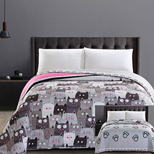 DecoKing 32367 Tagesdecke 240x260 cm Mikrofaser Bettüberwurf Steppung zweiseitig pflegeleicht beige Hellbraun kakaobraun braun grau Stahl anthrazit Grafit schwarz weiß rosa Katzen Cats' Invasion von DecoKing