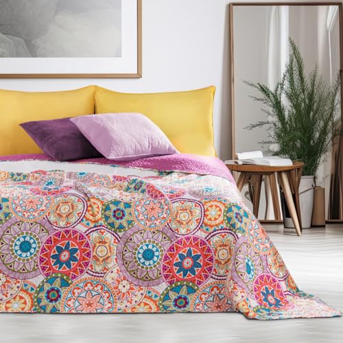 DecoKing 77160 Tagesdecke 170 x 210 cm rosa violett weiß bunt anthrazit Bettüberwurf zweiseitig Colourful pink White Violet Steppung Bibi von DecoKing