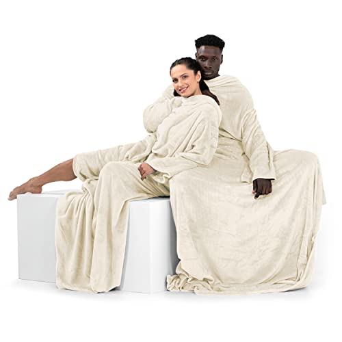 DecoKing Decke mit Ärmeln Geschenke für Frauen und Männer 170x200 cm Creme Microfaser TV Decke Kuscheldecke Weich Lazy von DecoKing