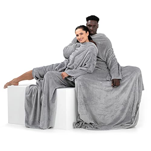 DecoKing Decke mit Ärmeln Geschenke für Frauen und Männer 170x200 cm Silber Microfaser TV Decke Kuscheldecke Weich Lazy von DecoKing
