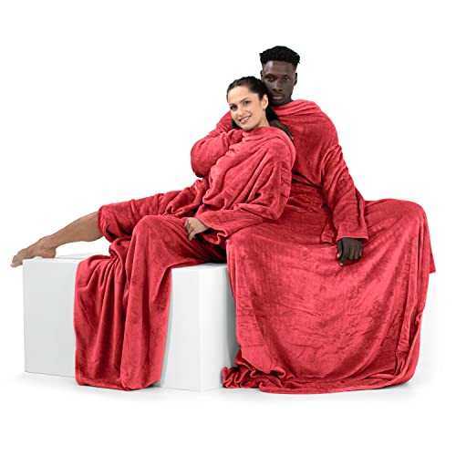DecoKing Decke mit Ärmeln Geschenke für Frauen und Männer 150x180 cm Rot Microfaser TV Decke Kuscheldecke Weich Lazy von DecoKing
