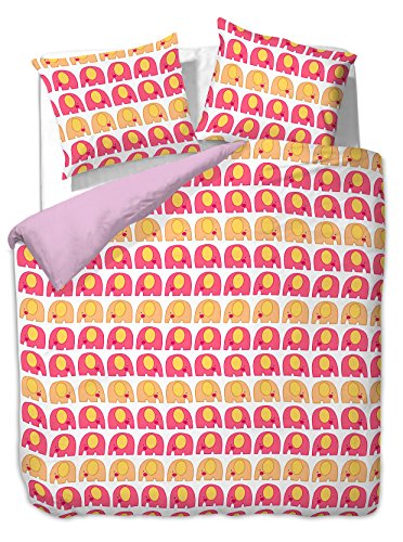 DecoKing 99223 200x200 cm Bettwäsche mit 2 Kissenbezügen 80x80 Bettwäscheset Microfaser Reißverschluss Basic Collection Cute Elephants rosa Amarant gelb von DecoKing