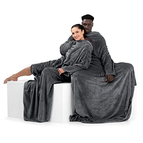 DecoKing Decke mit Ärmeln Geschenke für Frauen und Männer 170x200 cm Grau Microfaser TV Decke Kuscheldecke Weich Lazy von DecoKing