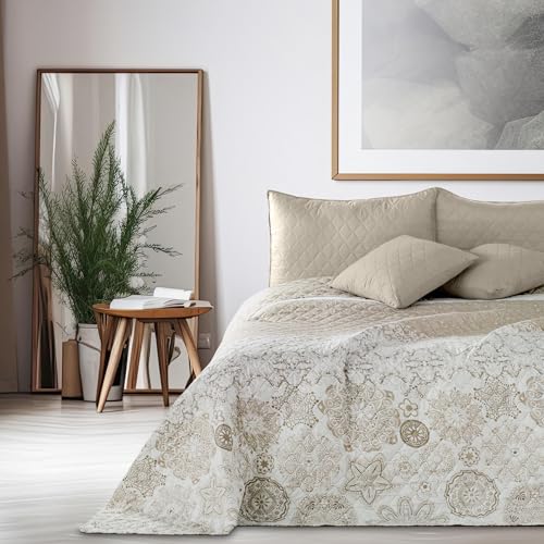 DecoKing Tagesdecke 170 x 210 cm beige weiß Cappuccino Bettüberwurf mit abstraktem Muster zweiseitig pflegeleicht Alhambra von DecoKing