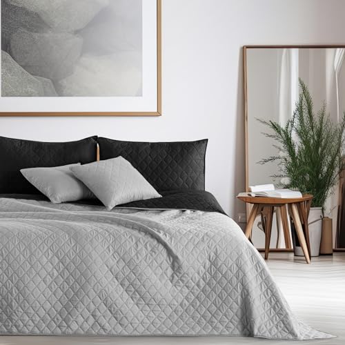 DecoKing Tagesdecke zweiseitig Bettüberwurf doppelseitig pflegeleicht Axel, Polyester, silber schwarz, 220x240 von DecoKing