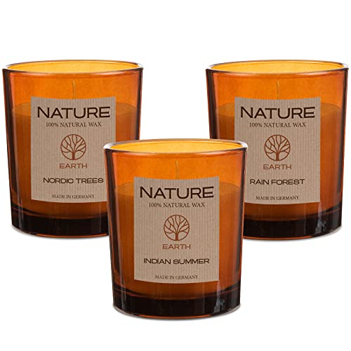 3 x Duftkerze im Glas Nature Earth Sense of Nature 100% NATURAL WAX, 85/70 mm - 25 Stunden Brenndauer. Nachhaltig und höchste Qualität (Mix) von DecoLite