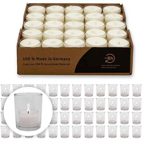 Bundle 12-48 Glas Teelichthalter Set + 50 Teelichter (8h) RAL-Zertifiziert deutsche Markenherstellung | Kerzenhalter | ideal für Gastro, Hochzeit | Vorteilspack (48 Glashalter + 50 Teelichter) von DecoLite