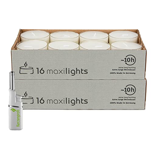 Bundle: MaxiLights von Wenzel - Große Teelichte im Acrylcup (transparenter Becher) ca. 9-10 Stunden Brenndauer inkl. Stabfeuerzeug (32 x MaxiLights & 1 Feuerzeug) von DecoLite