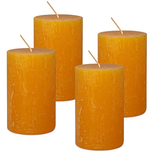DecoLite Stumpenkerzen Rustic 4er Set 110x70 mm | Selbstverlöschend Safe Candle | Durchgefärbt RAL-zertifiziert | Brenndauer ca. 51h | Made in Germany | Rustik Deko Kerzen von DecoLite (gelb) von DecoLite