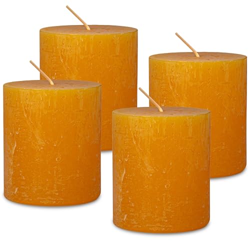 DecoLite Stumpenkerzen Rustic 4er Set 80x70 mm | Selbstverlöschend Safe Candle | Durchgefärbt RAL-zertifiziert | Brenndauer ca. 25h | Made in Germany | Rustik Deko Kerzen von DecoLite (gelb) von DecoLite
