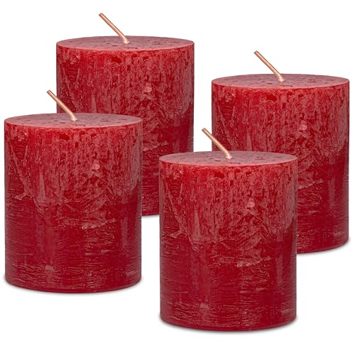 DecoLite Stumpenkerzen Rustic 4er Set 80x70 mm | Selbstverlöschend Safe Candle | Durchgefärbt RAL-zertifiziert | Brenndauer ca. 25h | Made in Germany | Rustik Deko Kerzen von DecoLite (rubin) von DecoLite
