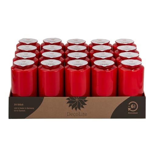 DecoLite 20 x Grabkerze 6 Tage rot/weiß – Friedhofskerze ohne Deckel & Etikett, 13,6x6,8cm, 30% Pflanzenöl, bleifreier Docht, ruhige Flamme, umweltfreundlich (rot) von DecoLite