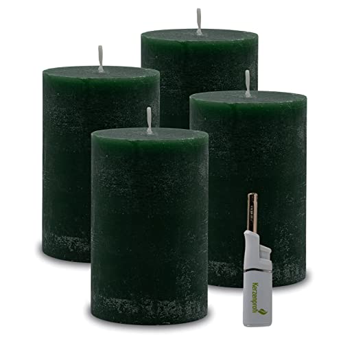 DecoLite: 4 x Rustik Polar-Stumpenkerzen 120/78 mm. Brenndauer ca. 60 Stunden! inkl. Kerzenprofi Stabfeuerzeug - Deutscher Markenhersteller - RAL Zertifiziert (dunkelgrün) von DecoLite