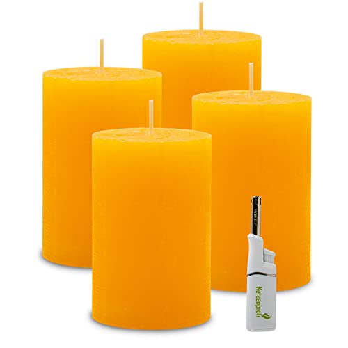 DecoLite: 4 x Rustik Polar-Stumpenkerzen 120/78 mm. Brenndauer ca. 60 Stunden! inkl. Kerzenprofi Stabfeuerzeug - Deutscher Markenhersteller - RAL Zertifiziert (gelb) von DecoLite