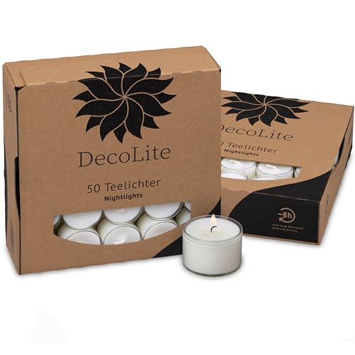 DecoLite: 100 Teelichter Nightlights in transparenter Hülle | 8 Stunden Brenndauer | 100% made in Germany | RAL Geprüft | höchste Qualität | Kerzen in Durchsichtigem Behälter - Ohne Duft (100) von DecoLite