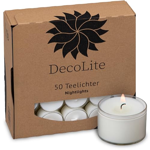DecoLite: 50 Teelichter Nightlights in transparenter Hülle | 8 Stunden Brenndauer | 100% made in Germany | RAL Geprüft | höchste Qualität | Kerzen in Durchsichtigem Behälter - Ohne Duft (50) von DecoLite