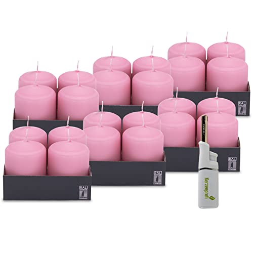 DecoLite: 6 x 4 Stumpenkerzen 62/48 mm von Müller. Brenndauer ca. 10 Stunden. inkl. Kerzenprofi Stabfeuerzeug - Deutscher Markenhersteller - RAL Zertifiziert (rosa) von DecoLite