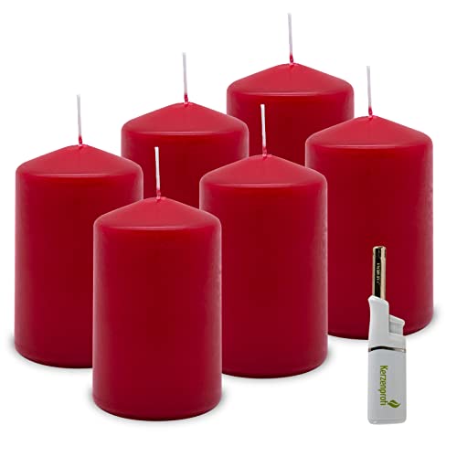 DecoLite: 6 x Stumpenkerzen 110/68 mm. Brenndauer ca. 35 Stunden Pillar Candle inkl. Kerzenprofi Stabfeuerzeug - Deutscher Markenhersteller - RAL Zertifiziert (kaminrot) von DecoLite