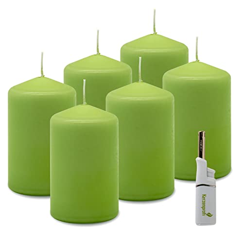 DecoLite: 6 x Stumpenkerzen 110/68 mm. Brenndauer ca. 35 Stunden Pillar Candle inkl. Kerzenprofi Stabfeuerzeug - Deutscher Markenhersteller - RAL Zertifiziert (maigrün) von DecoLite