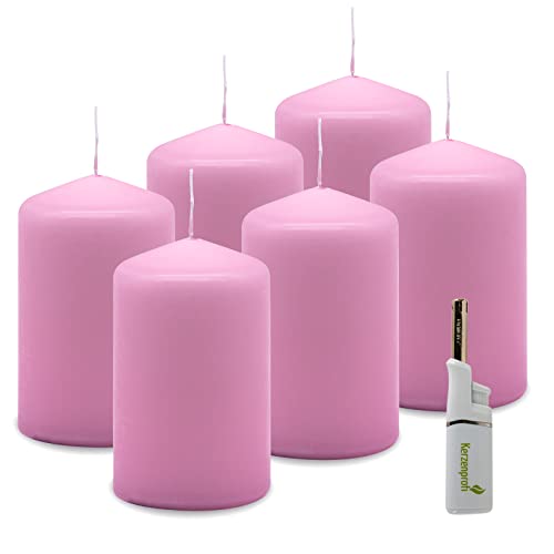 DecoLite: 6 x Stumpenkerzen 110/68 mm. Brenndauer ca. 35 Stunden Pillar Candle inkl. Kerzenprofi Stabfeuerzeug - Deutscher Markenhersteller - RAL Zertifiziert (rosa) von DecoLite
