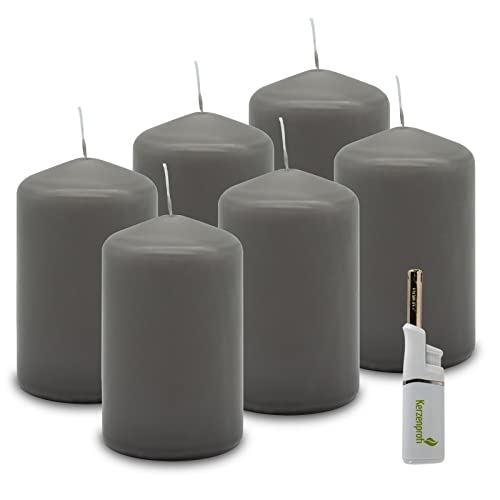 DecoLite: 6 x Stumpenkerzen 110/68 mm. Brenndauer ca. 35 Stunden Pillar Candle inkl. Kerzenprofi Stabfeuerzeug - Deutscher Markenhersteller - RAL Zertifiziert (schiefer) von DecoLite