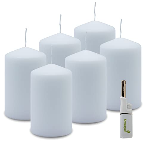 DecoLite: 6 x Stumpenkerzen 110/68 mm. Brenndauer ca. 35 Stunden Pillar Candle inkl. Kerzenprofi Stabfeuerzeug - Deutscher Markenhersteller - RAL Zertifiziert (weiß) von DecoLite