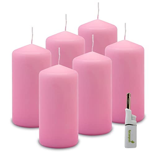 DecoLite: 6 x Stumpenkerzen 135/68 mm. Brenndauer ca. 40 Stunden Pillar Candle inkl. Kerzenprofi Stabfeuerzeug - Deutscher Markenhersteller - RAL Zertifiziert (rosa) von DecoLite